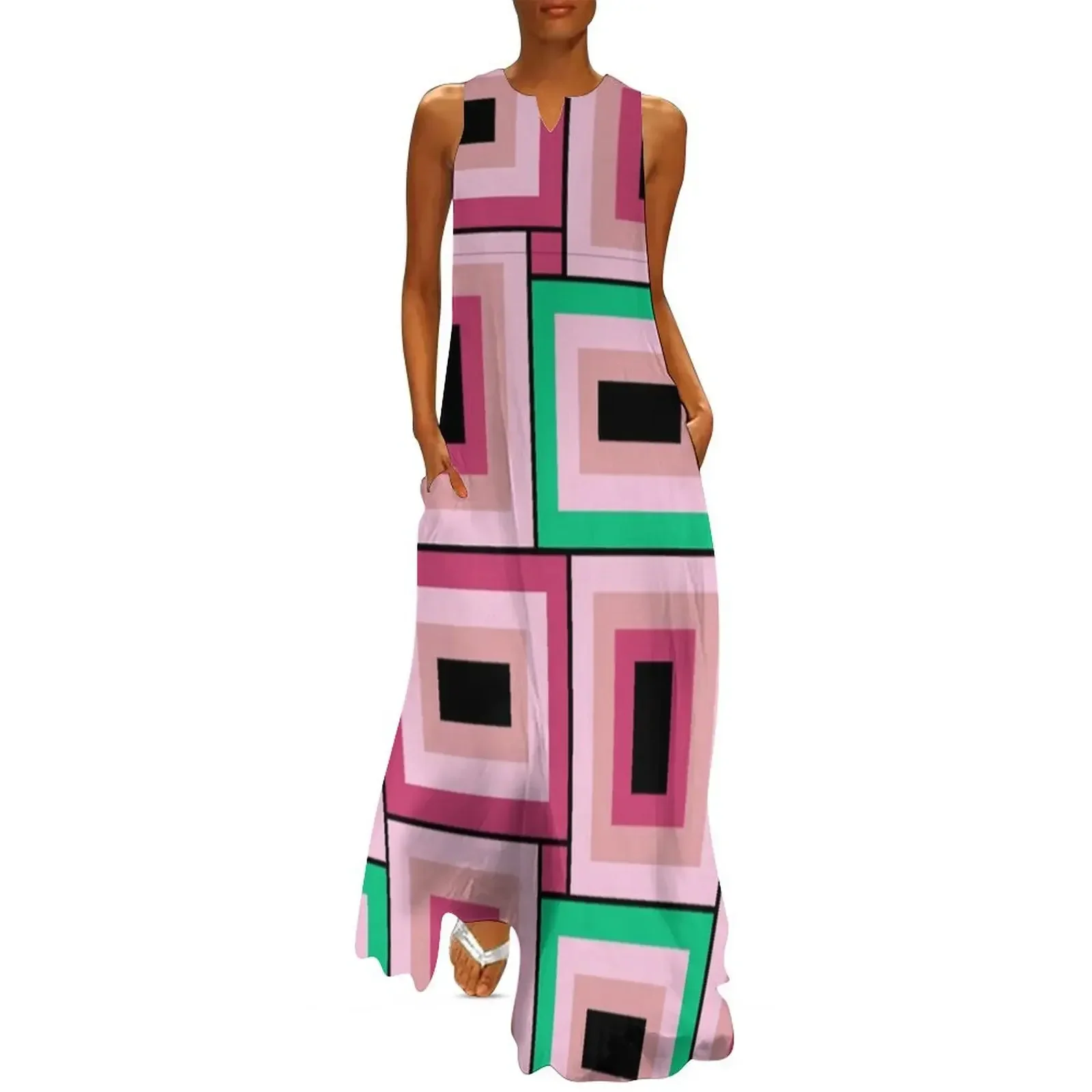 

Mid-Century Modern Pink And Green Rectangles Pattern Long Dress birthday dress for women luxury 2025 Beachwear Dress