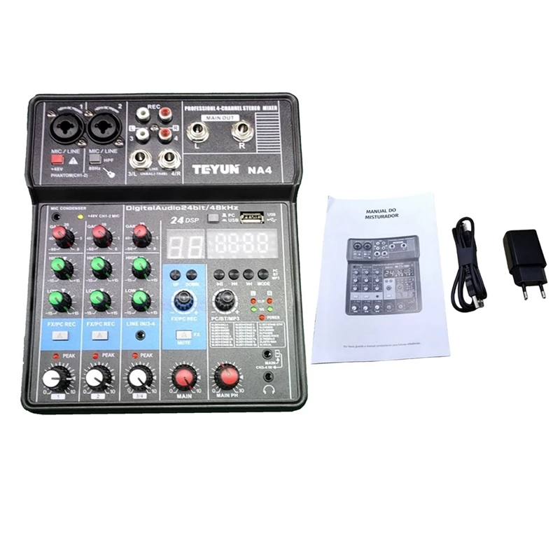 TEYUN 4-Channel Sound Mixer Console Mixing NA4 Sound Console Computer Input 48V Power Model Number With EU Plug