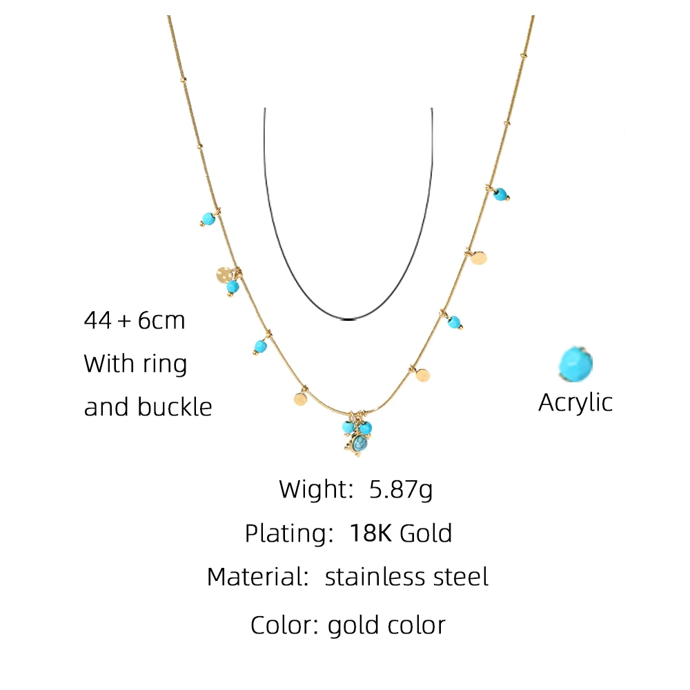 YACHAN 18K Gold PVD Plated Stainless Steel Chain Necklace for Women Turquoise Natural Stone Round Tap Texture Waterproof Jewelry