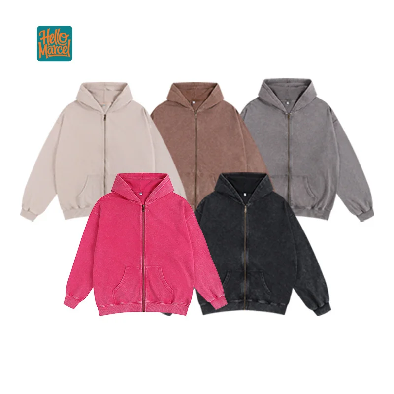 HELLOMARCEL Vintage Casual Hooded Sweatshirt Trendy Brand Zipper Loose 350G Washed Custom Loose Fit Men Hoodie