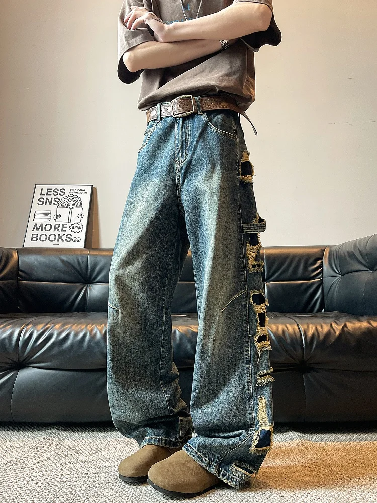 الرجعية الأمريكية خمر واسعة الساق الجينز الرجال Personali فضفاض مستقيم السراويل الطويلة الشباب العصرية الربيع عادية فضفاض صالح #3