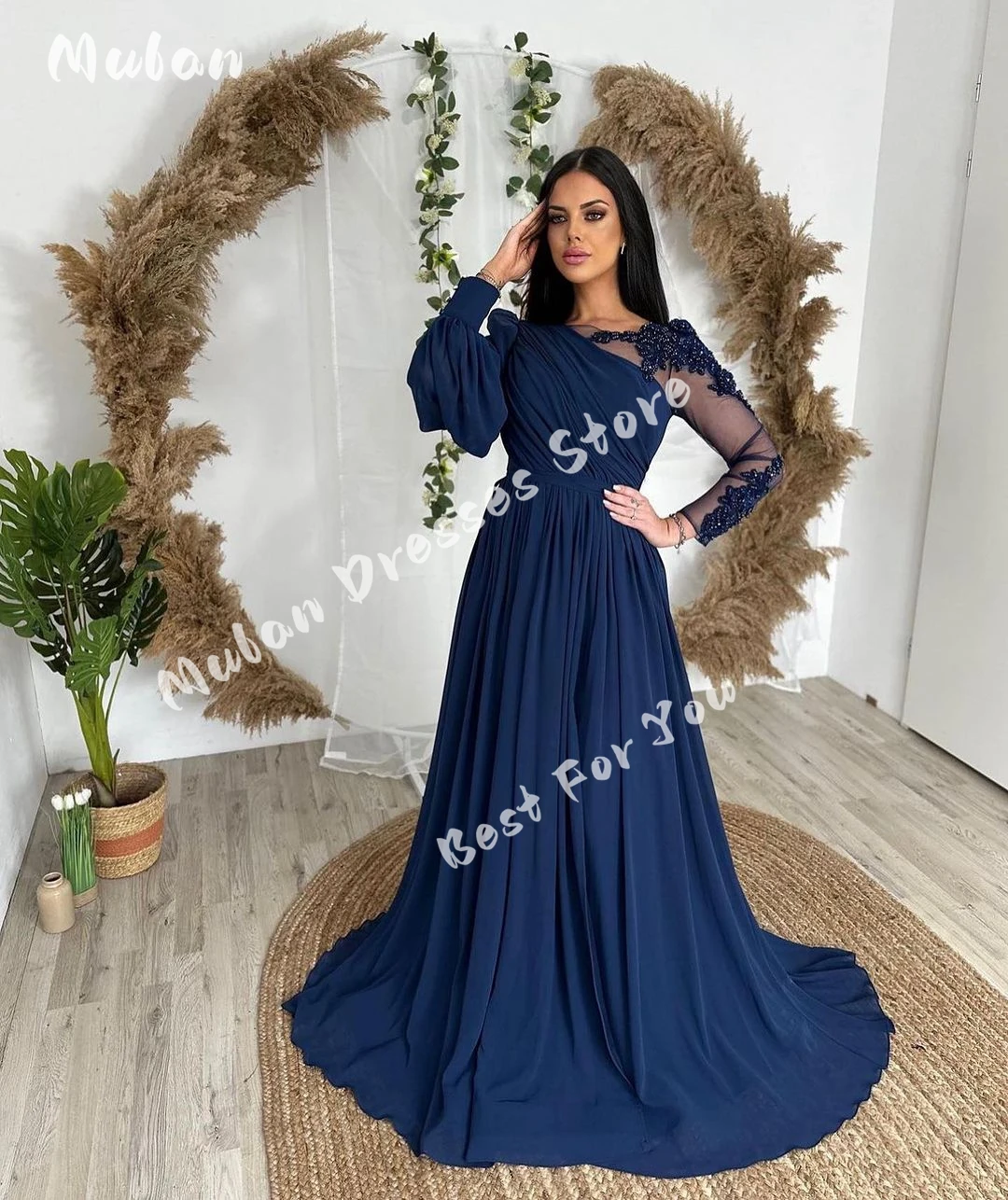 Beads Appliques Long Sleeves Prom Dresses Pleated A-line Elegant Evening Dresses 2024 Formal Wedding Party Gown Vestidos