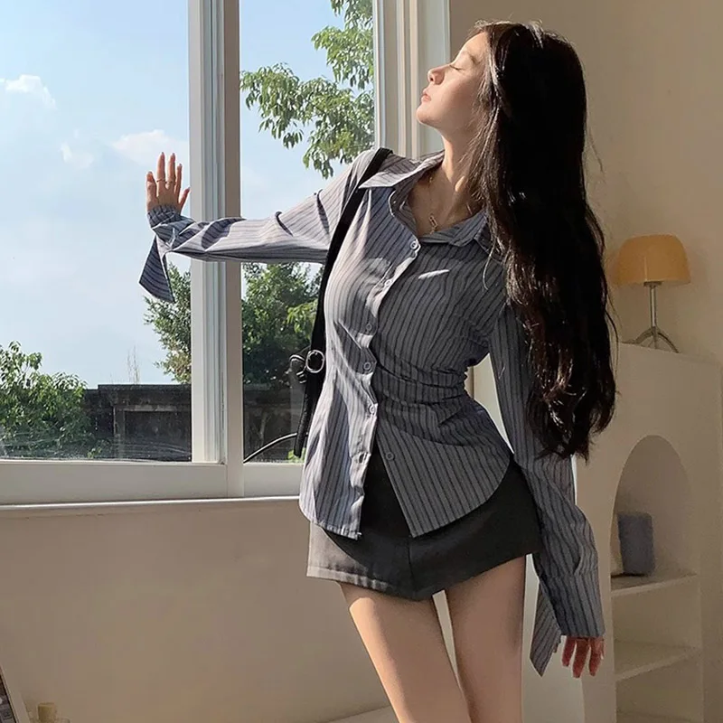 Y2k Striped Shirt Women Long Sleeve Designed Button Up Tops Blue Korean Vintage Ladies Streetwear Slim Elegant Chic Blouses