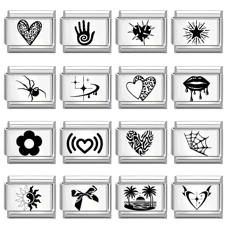 New  Laser Engraving Heart Flower Italian Charm Links Fit 9mm Stainless Steel Bracelet Women Men DIY Making Gifts