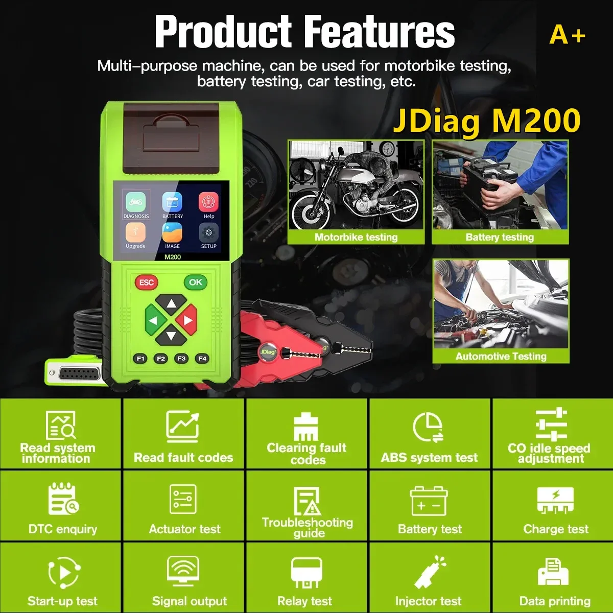 

A+ JDiag M200 Motorcycle Diagnostic OBD2 Scanner Moto Fault Code Reader Battery Tester Motoscan Tool For Yamaha Update of M100