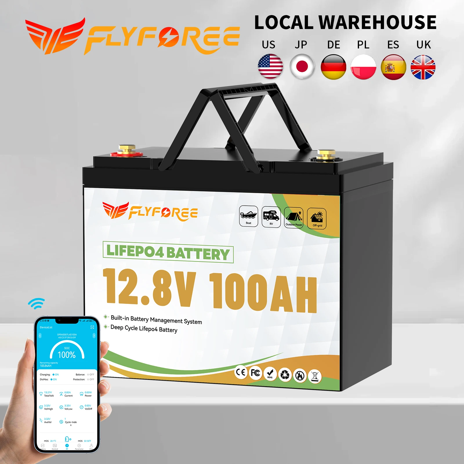 FLLYROWER 12V 100Ah LiFePO4 Battery Pack With Bluetooth 100A BMS 8000+Deep Cycles For RV Solar Trolling Motor camping Solar