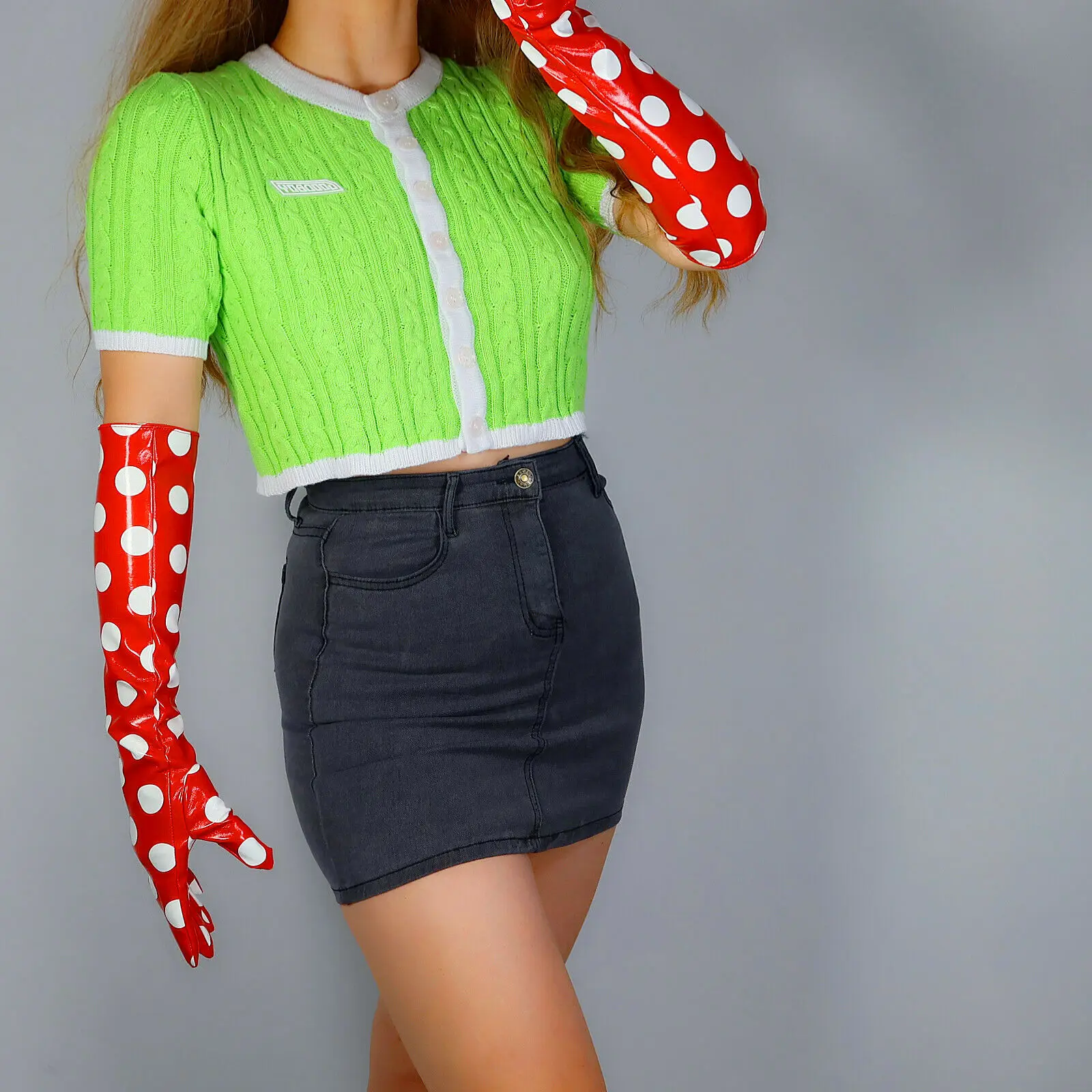 Women Red Latex GLOVES Polka Dots 50cm Elbow Long Slim Fit Shine Wet Look Faux Patent Leather Fashion Halloween Costume Dressing