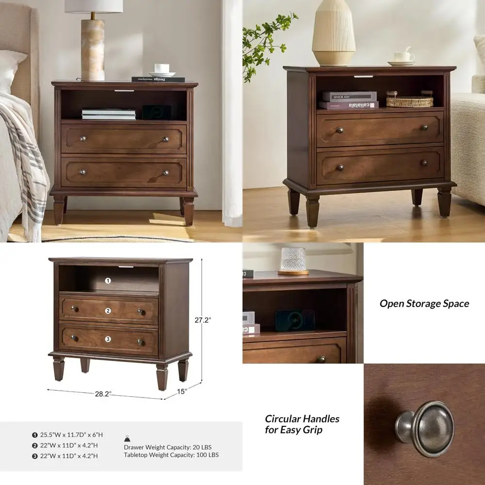 Charging Station Nightstand with USB Ports and Outlets, Transitional Style Wood End Table, Fluted Pilasters Design, Dual Drawers