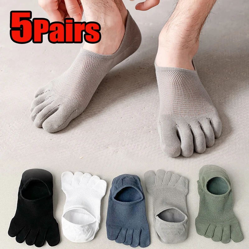 

5 Pairs Five Finger Socks Men's Cotton Mesh Short Running Socks Breathable Solid Anti-Slip Thin Invisible Toe Socks