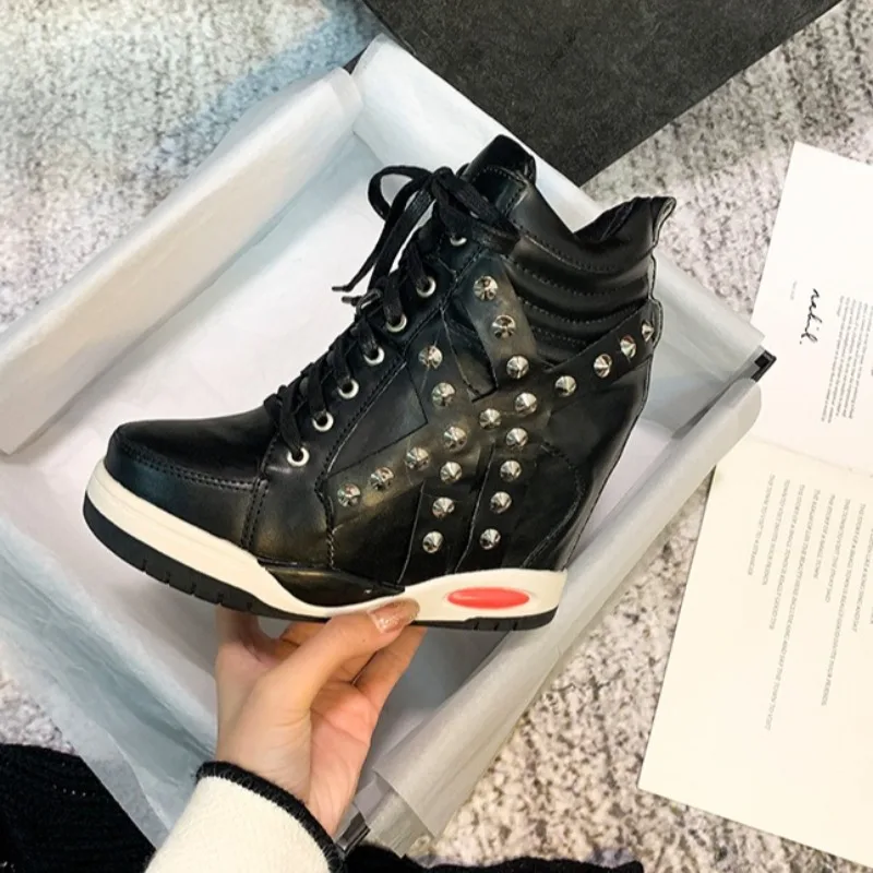 Women's Hidden Wedge High Top Sneakers Black Leather Studded Rivet Platform Shoes Lace Up Punk Style Invisible Heel Casual Shoes