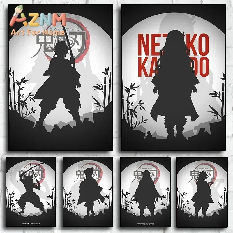 AZNM Demon Slayer Anime Silhouette Canvas Wall Art Tanjiro Nezuko Inosuke Rengoku Canvas Print Bedroom Home Decor Poster
