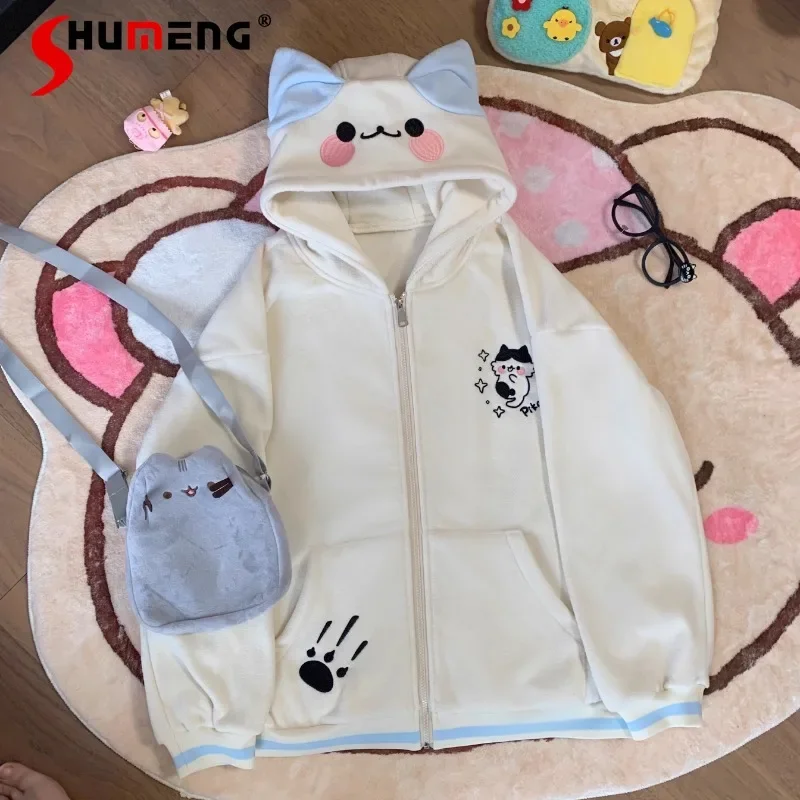 

Japanese Cute Winter Fleece Cartoon Ears Embroidered Splicing Long-sleeved Hooded Coat Winter Warm Comfortable Jaqueta Femininas