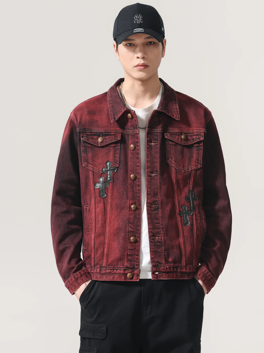 High-End Faion Brand Cross Patchwork Vintage Denim Jaet Men's Spring Autumn Slim Fit Embroidered Collar Heat-Sed Outer...