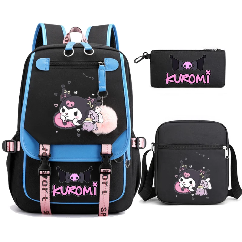 Kuromi Melody Mochilas para Meninas, Alta Capacidade, Impermeável Mochila Universitária, Trendy Laptop Bags, Bonito Livro de Viagem Bag, 3PCs