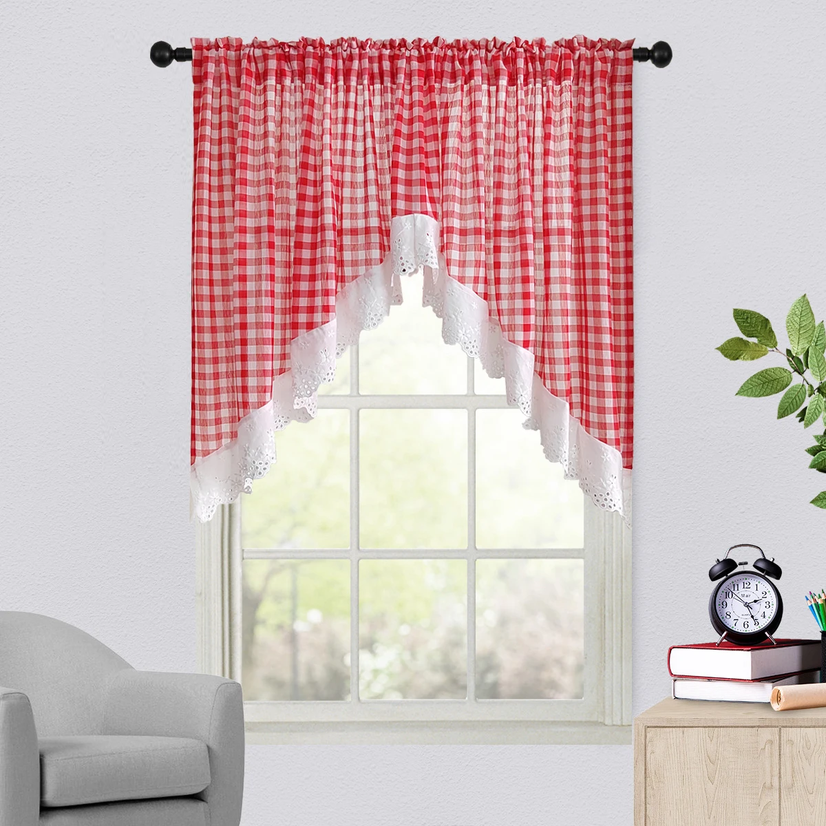 

1PC Red Plaid Short Curtain for Kitchen Small Window Voile Drape With Lace Bottom Porch Door Cafe Dustproof Blinds #E