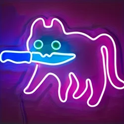 Cat With A Knife LED Neon Sign, For Wall Decoration, Wall Mounted Hanging Lights, Cartoon Cat LED Neon Sign