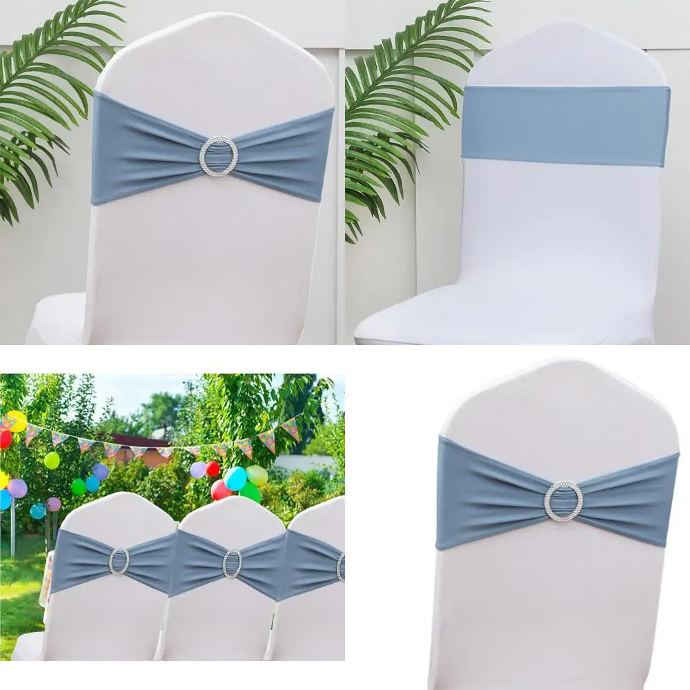 

100pcs Dusty Blue Chair Sashes for Weddings, Elastic Bands with Bows for Party and Event Decorations