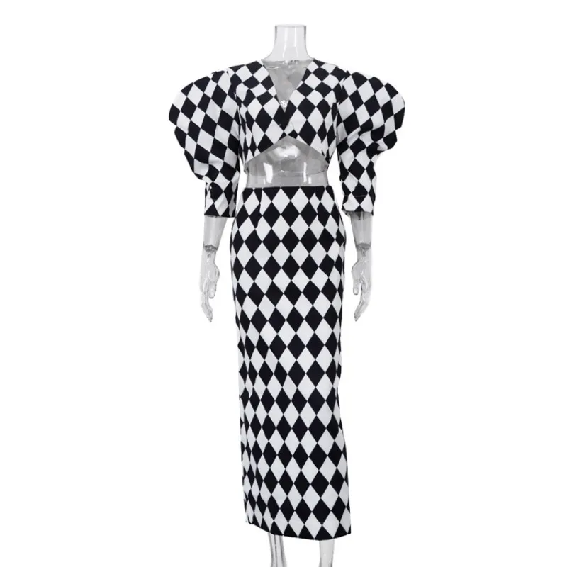 Schickes Schwarz-Weißes Schachbrettmuster 2-Teiliges Set Damen Elegantes Puffärmel Crop Top Bodycon Maxirock Y2K Anzug Party Clubwear – Detail 2
