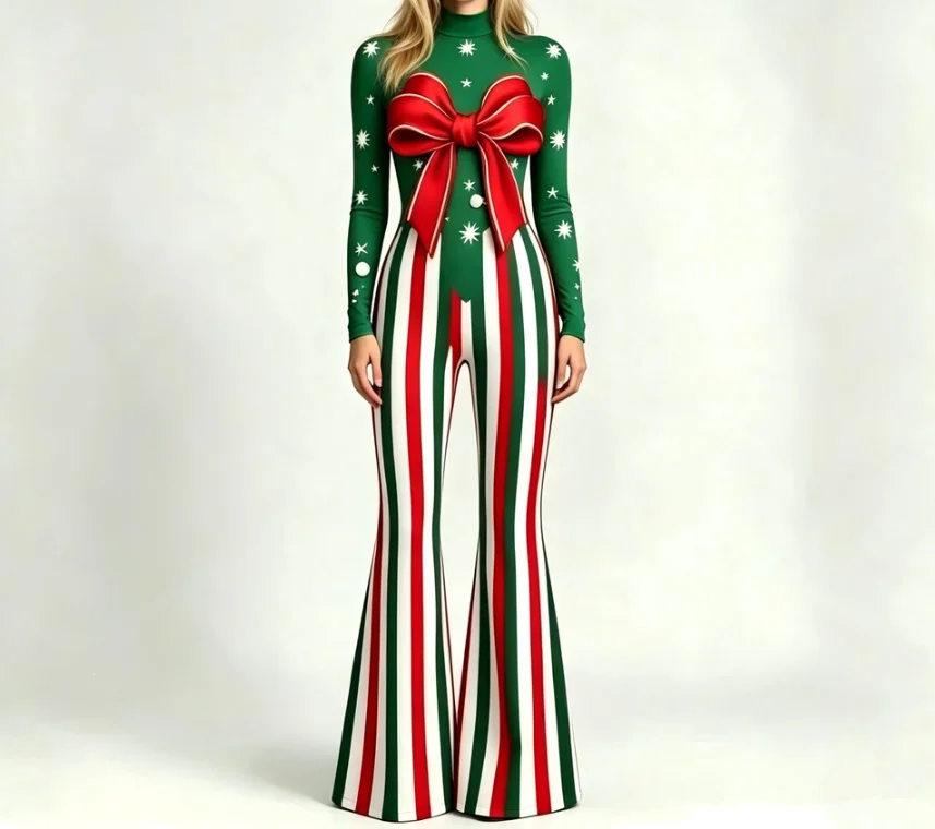 Weihnachts-Overall für Damen mit ausgestelltem Bein, Candy Cane- und Schneeflockenmuster, Glockenbein-Design, Totenkopf-Bodysuit, Halloween-Weihnachts-Clubwear, Partykostüm – Detail 2