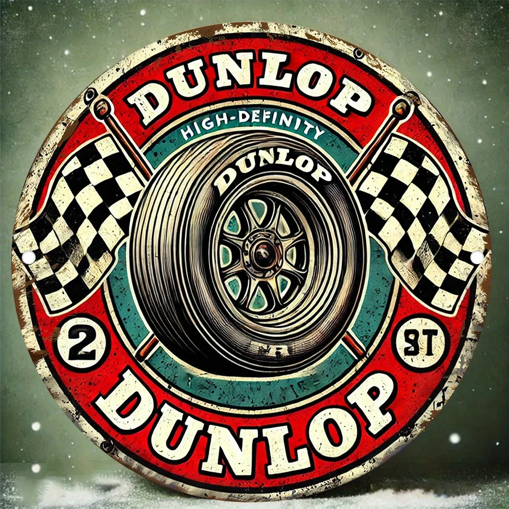 2D Flat, [2D Flat] 1pc 2D Printed Sign, Round HD 2D Plaque, Tire and Checkered Flag Themed Decorative Wall Sign, Unique Gift for