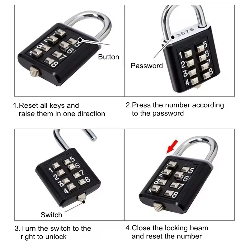 8 Digits Password Code Outdoor Waterproof Combination Padlock Zinc Alloy Suitcase for Luggage Travel Smart Lock Keyed Anti-thief