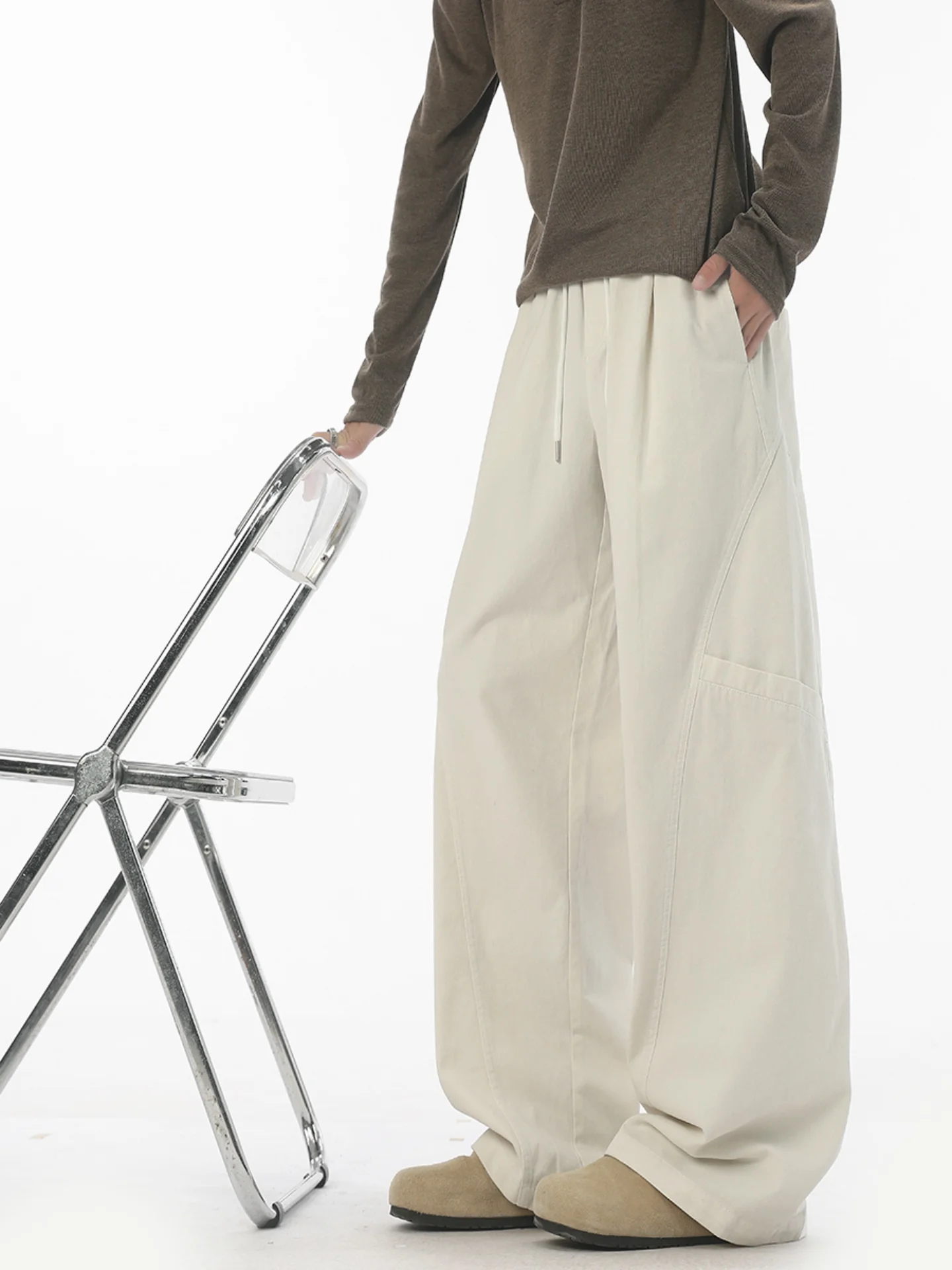 

Trendy Patchwork Men's Casual Pants Autumn Winter American Sle Drapey Wide Leg ket Pants High Street Cool Long Trousers