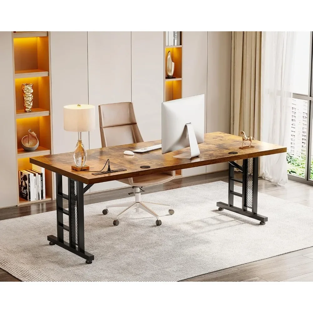 

Executive Desk with USB Ports, Large Computer Desk with Extra-Thick Top, Long Modern Office Desk for Professional Workspace