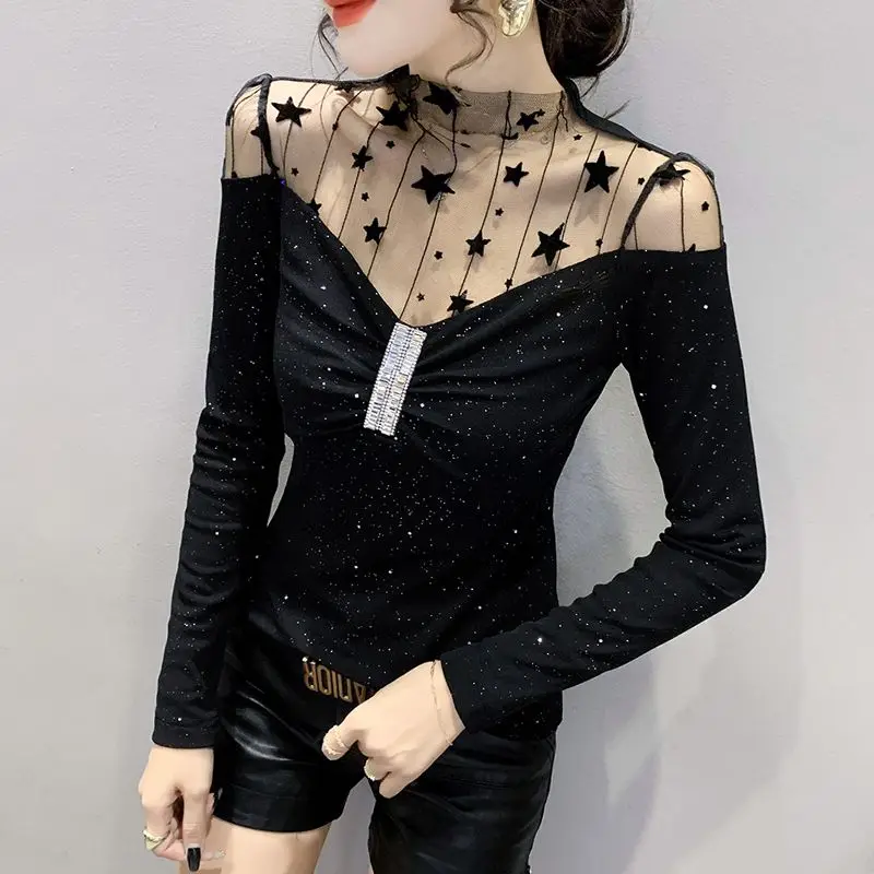 Imagem -06 - Blusas de Diamantes Vazadas em Gaze Feminina Camisas Leopardo Dobradas Tops Coreanos Finos Roupas de Escritório Novo Moda Primavera 2023