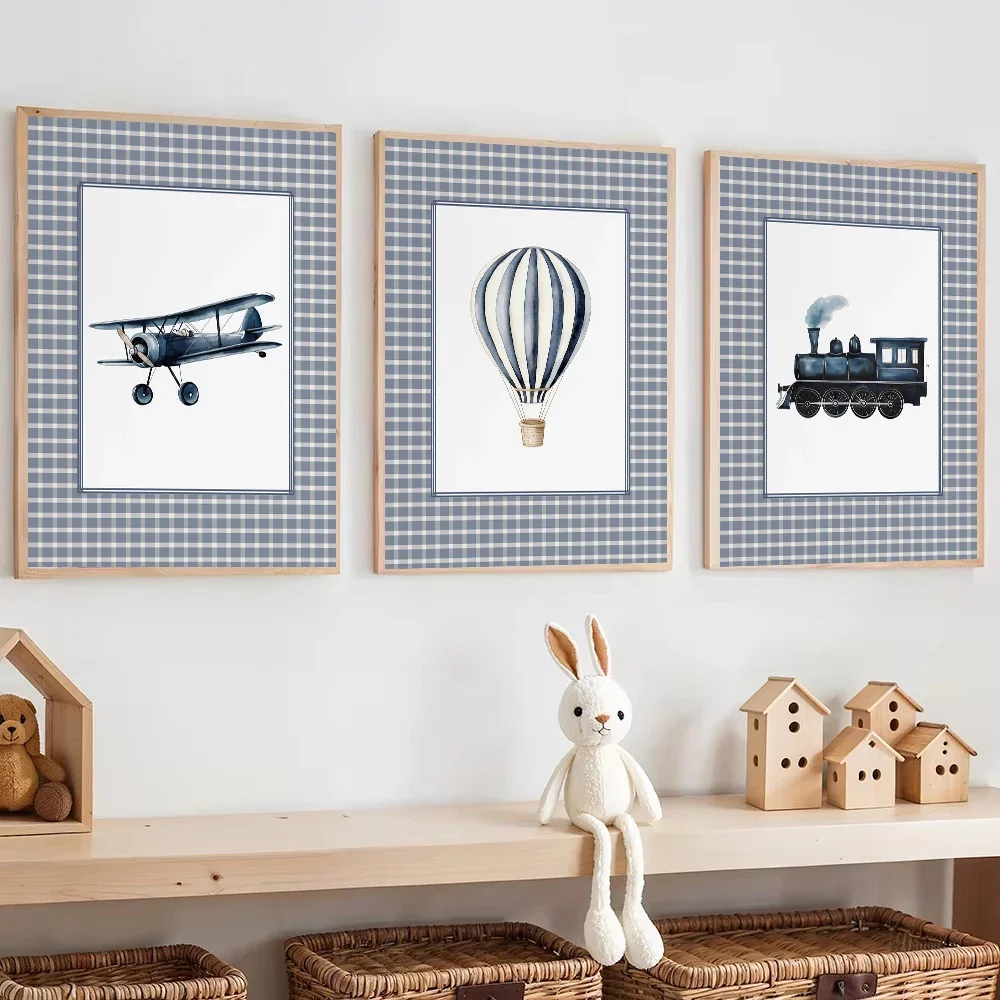 1pc frameless Canvas Painting 1pc frameless Canvas Painting Vintage Stripe Blue Travel Transportation Poster Hot Air Balloon Boa