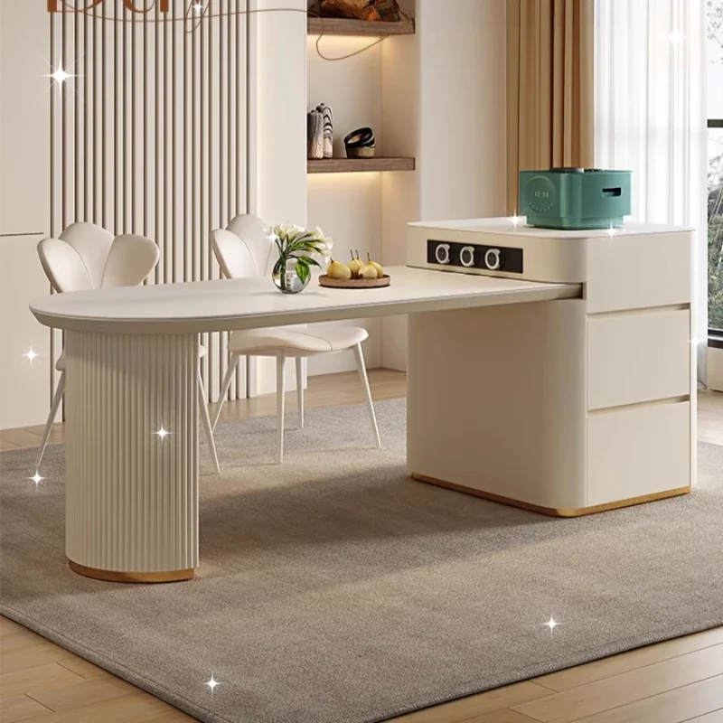Mesa de Comedor con plataforma de isla, sillas de lujo retráctiles integradas, Mesa de Comedor extensible, Mesa blanca, Comedor, muebles para el hogar