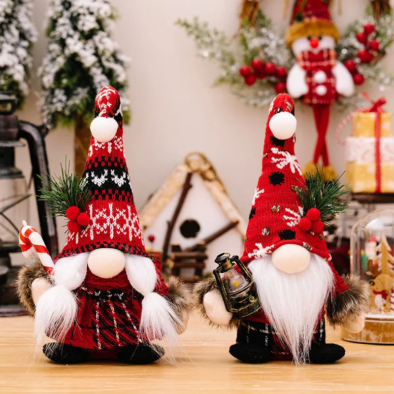 Merry Christmas Decorations Wool Ball Knitted Curved Hat  Dwarf Doll Decorations  Crutches  Faceless doll For Kids Gifts