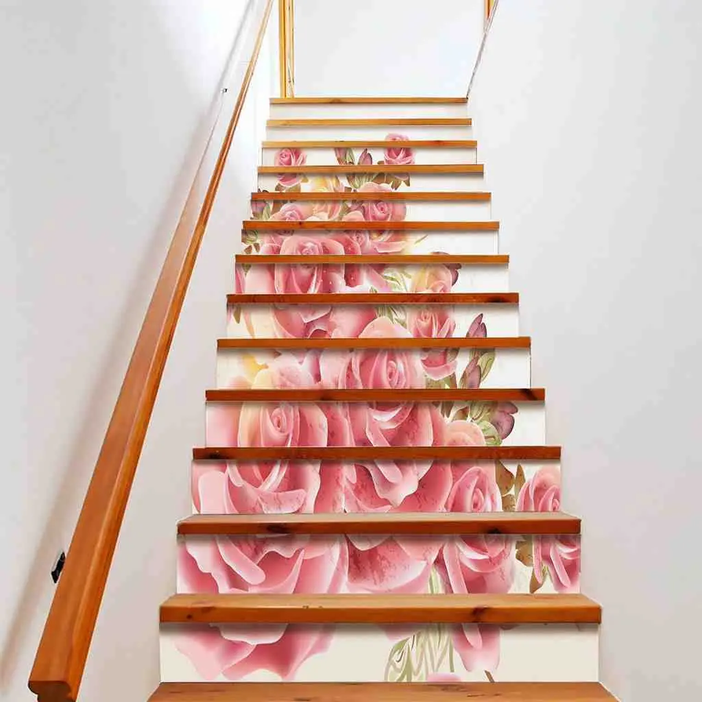 Pink Rose Stair Stickers Green Leaves Flowers Staircase Murals Mother's Day Floral Stair Risers Decals Home Step Decor Removable