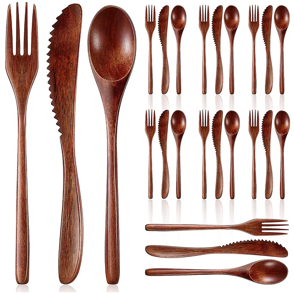 Wooden Spoon Fork Knife Cutlery Set Wooden Dinner Utensil Set Kitchen Wooden Flatware Tableware Cutlery Set (24 Pieces)