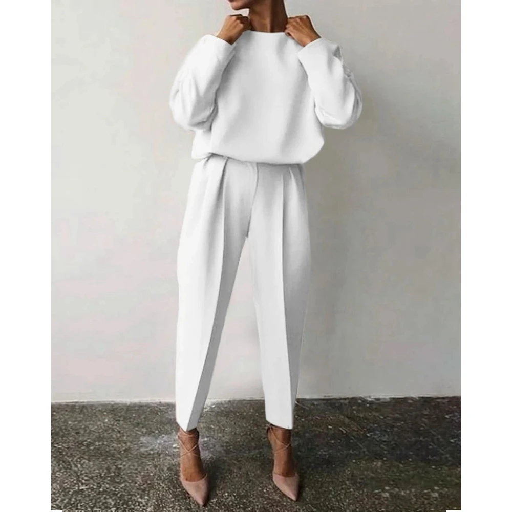 Women O-Neck Long Sleeve Top & Frill Pants Sets Female Women Suits Solid Color Ensembles 2 Pices Set Outfits Women Pants Suit