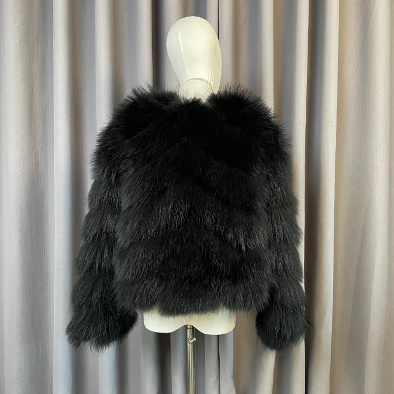 Wholesale Custom Real Fur Coat Winter Warm Natural Color Real Raccoon Fur Coat Long Sleeve Crew Neck Bomber Jacket
