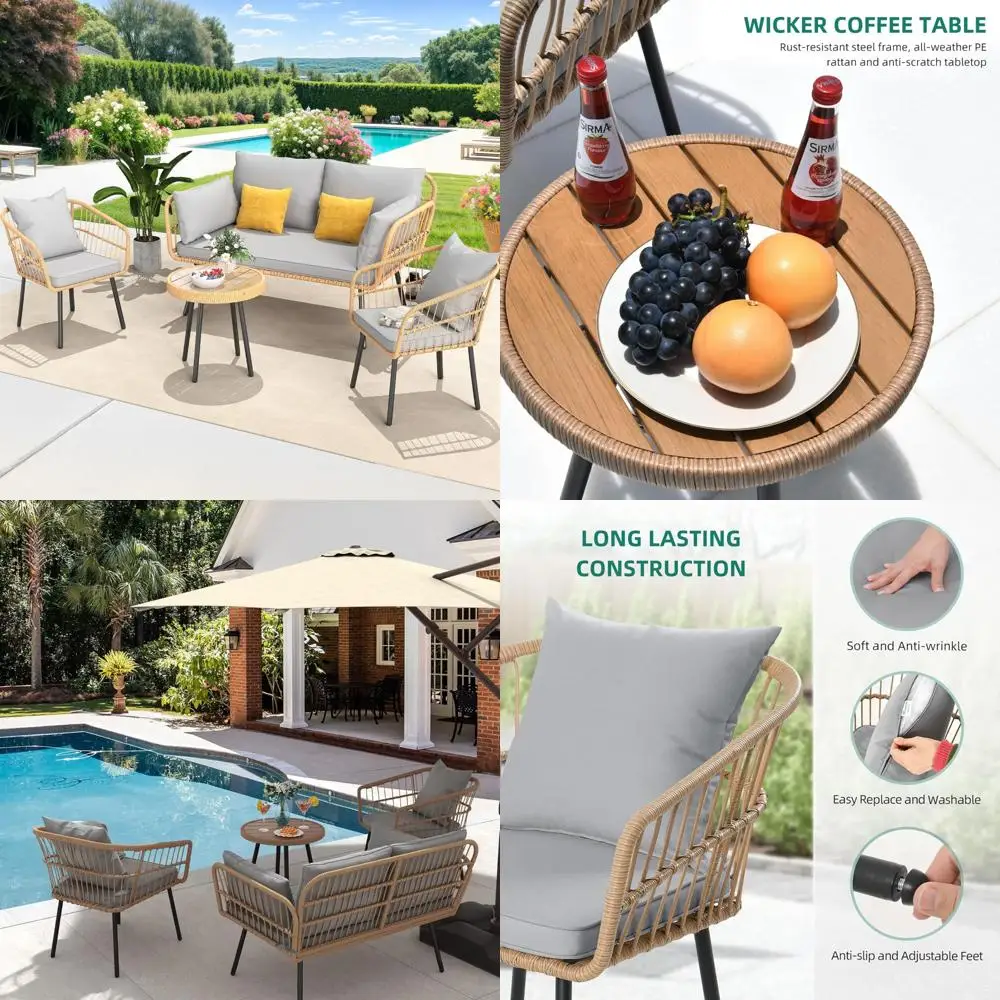 

4-Piece Outdoor Wicker Bistro Set, All-Weather Rattan Patio Conversation Set with Loveseat Chairs