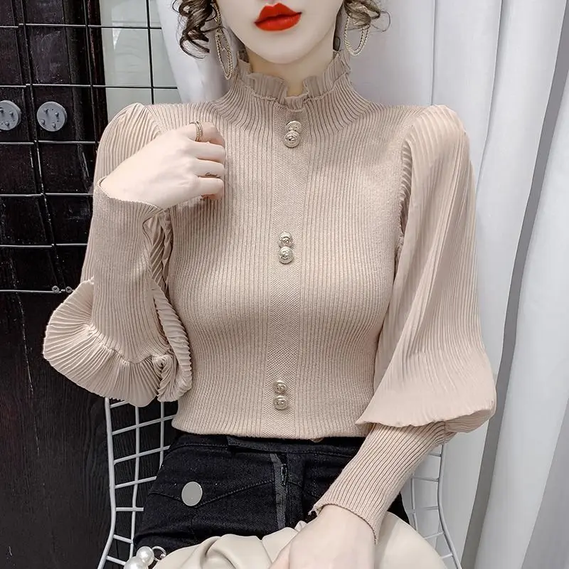 Women\'s Pullover Solid Long Sleeve Button Sweater Half High Collar 2023 Spring and Autumn Korean Puff Sleeve Ruffles Knit Tops