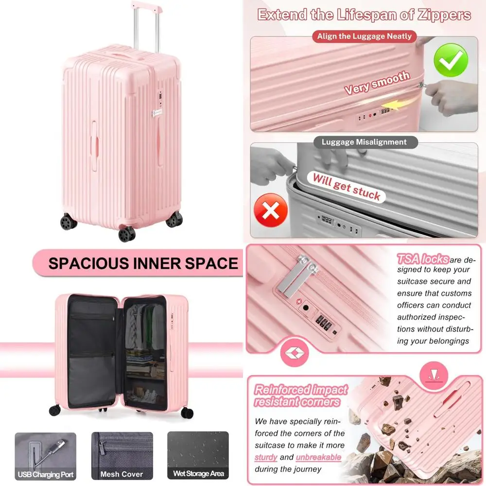 28 Inch Suitcase with 4 Universal Wheels, TSA Lock, PC+ABS Hardside, Pink, Ideal for Checked Luggage