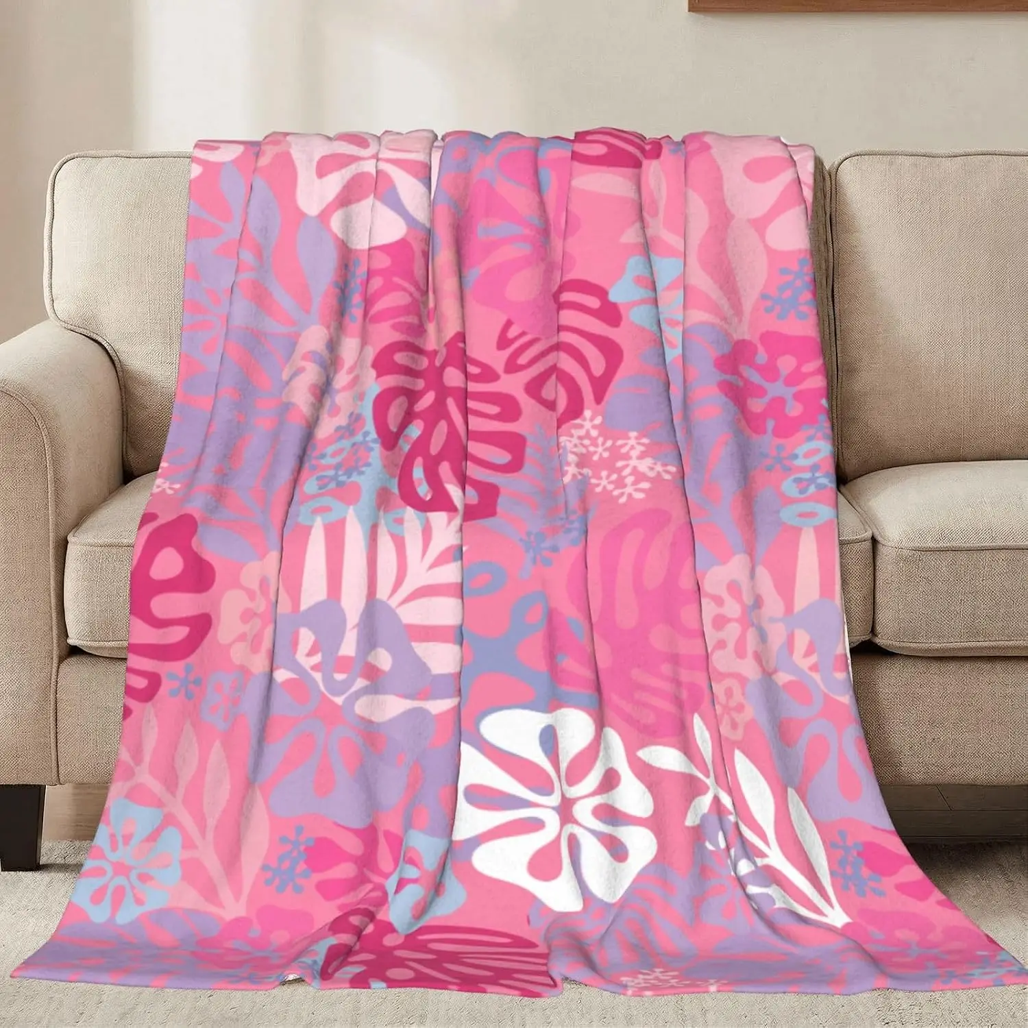 Hawaii Flowers Pink Throw Blankets All Season Ultra Soft Warm Tropical Aloha Pattern Fleece Blanket for Home Bed Sofa Couch Chair Outdoor Travel Camping 80x60 Inch