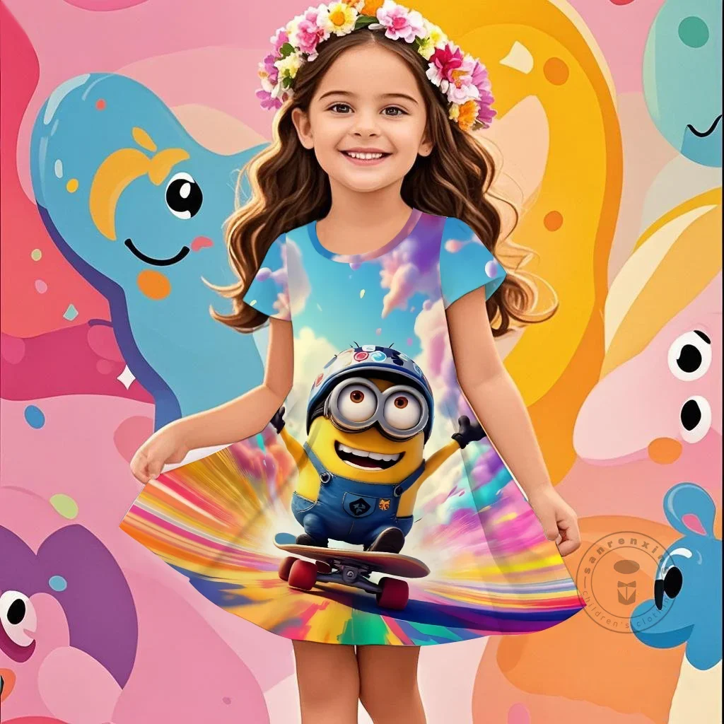 Hot Koop Kids Meisje Grappige Minions Top 3D Prinses Jurk Voor 2-14 Jaar Meisjes Verjaardagsfeestje Jurken comfortabele Korte Mouwen