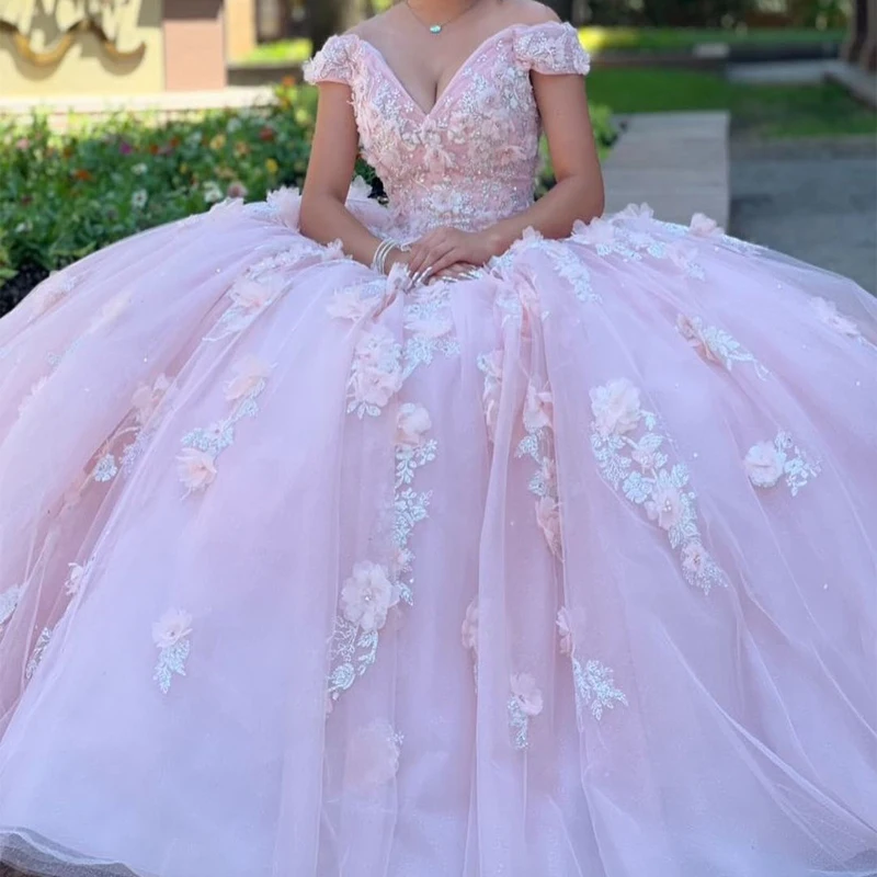 Angelsbridep Licht Roze Applicaties Off Shoulder V-hals Baljurk Quinceanera Jurken Sweet 16 Girl Party Jurk Vestido De 15 Anos