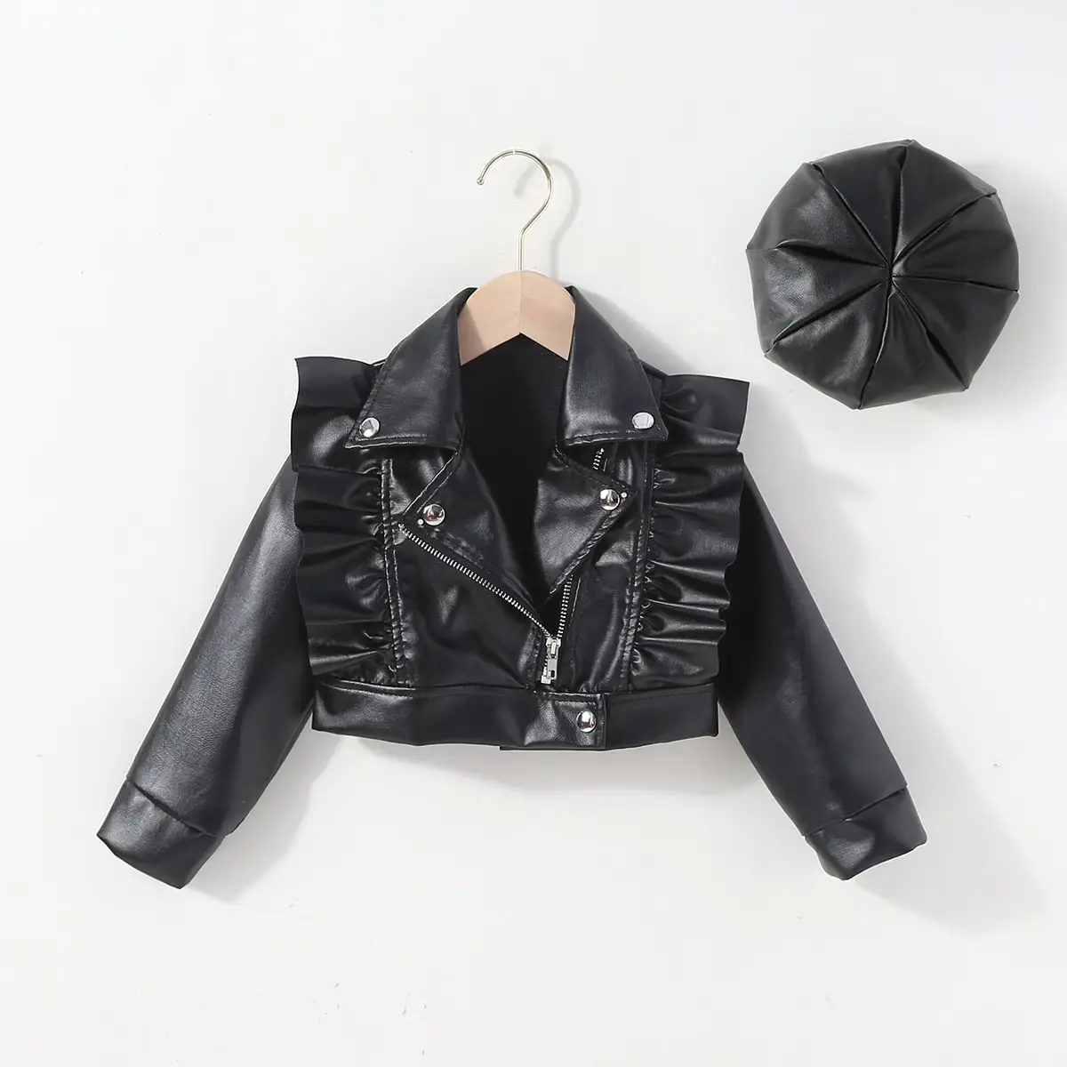 Fashion Kids PU Leather Jacket Long Sleeve Turn-down Collar Zipper Closure Casual Outwear For Girls Boys(With Hat)