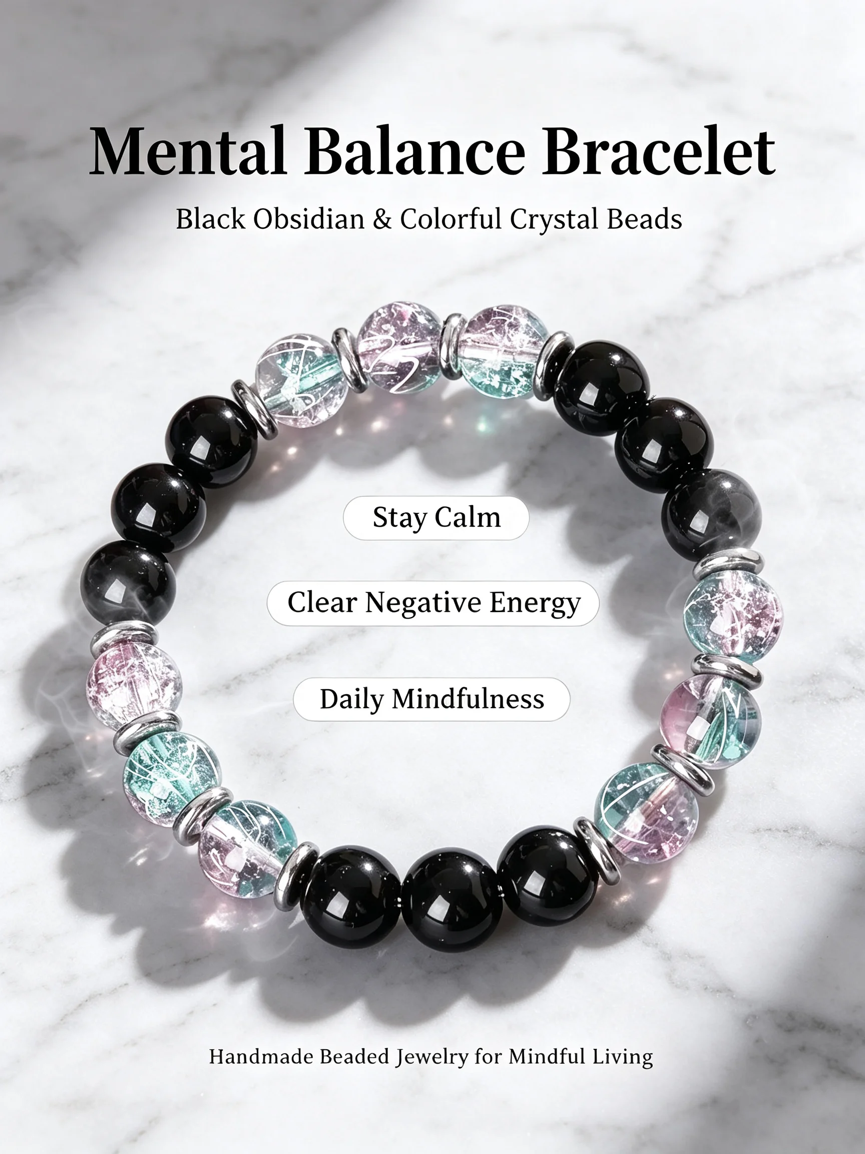Natural Black Obsidian & Multicolor Cracked Crystal Beaded Bracelet, Round Stone Stretch Bracelet for Men Women, Handmade Energy