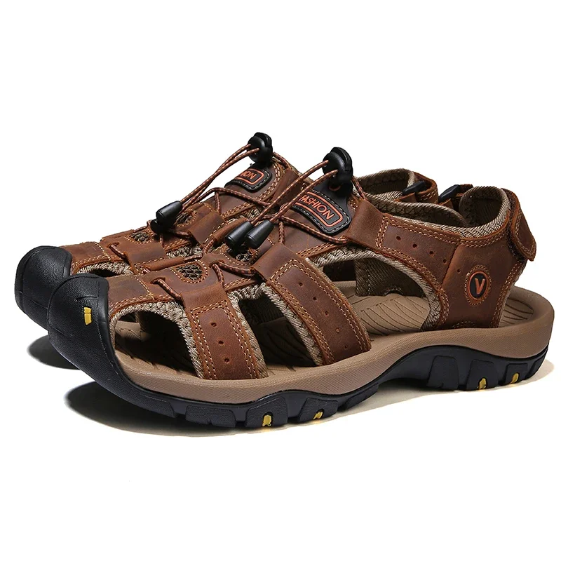 HKAZ-S Men's Popular Fashion Big Pier Layer Cowhide Outdoor Sports Leisure Beach Sandals Comfortable Flat Bottom Discount