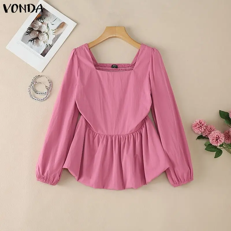 

VONDA Elegant Square Collar Blouse Women Long Sleeve Shirts 2026 Fashion Casual Solid Office Work Blusas Female Ruffled Tops OL