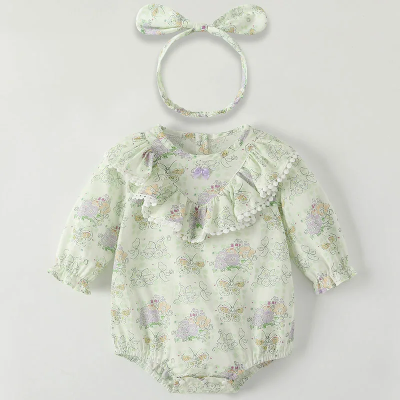 2Piece Sets Spring Autumn Newborn Girls Clothes China Style Cute Flowers Long Sleeve Cotton Bodysuit+Hair Band Baby Romper B073
