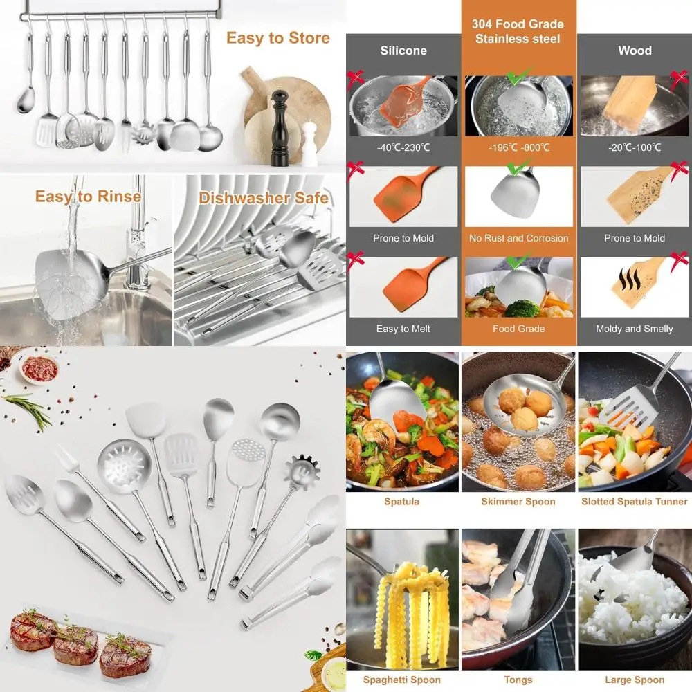 

12-Piece Stainless Steel Kitchen Tool Set: Masher, Spoons, Ladle, Skimmer, Turner, Pasta Server, Tongs - Dishwasher Safe