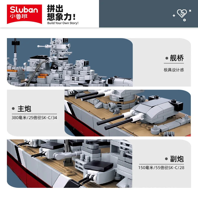 2024 Sluban WW2 Military Battle Ship Germany KMS Bismarck Battleship Building Blocks Classic Navy Weapon Model Bricks Toys Gifts