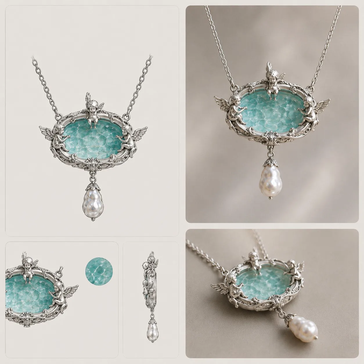 French‑Style Vintage Wishing‑Fountain Angel‑Embossed Pendant Necklace Artificial‑Pearl Retro Clavicle Chain Neck Jewelry Women
