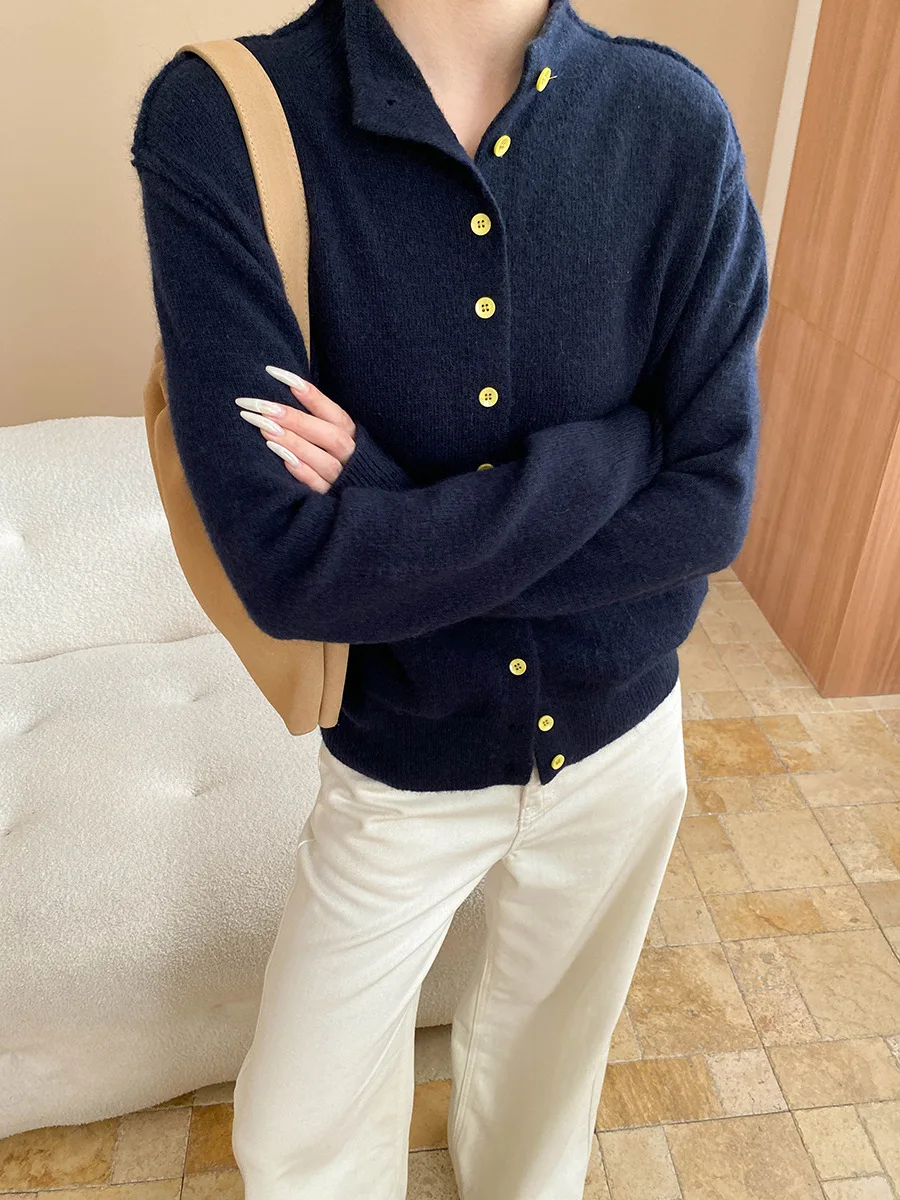 Cárdigan de punto adelgazante suelto con un solo pecho y cuello levantado con diseño de nicho de color sólido informal para mujer